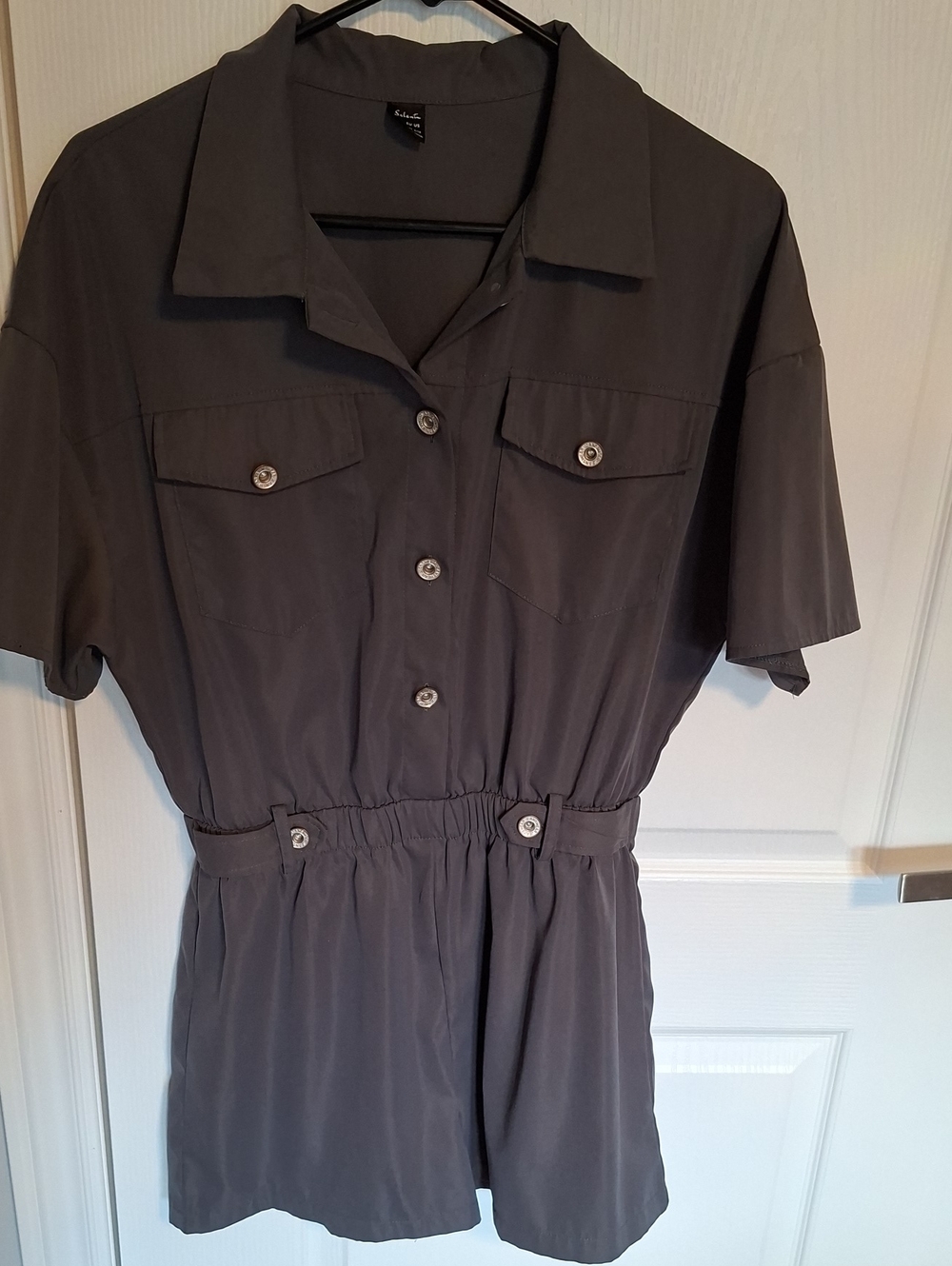 Salant Short-Sleeve Button Utility Romper‎ in Charcoal Gray